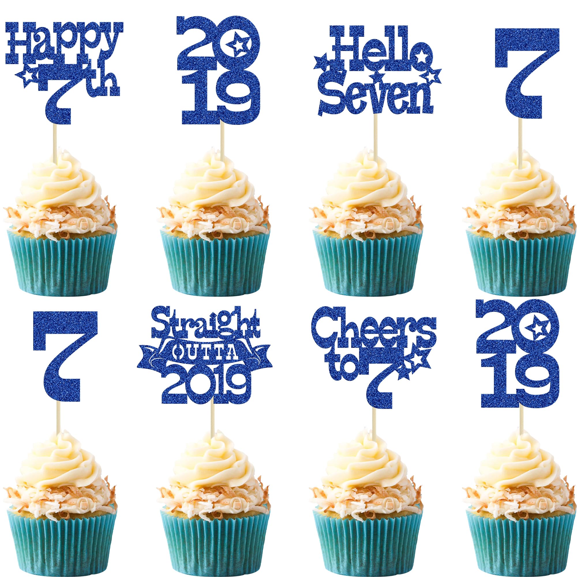 Ephlyn 30Pcs Happy 7th Birthday Cupcake Toppers Glitter Hello Seven Straight Outta 2019 Cupcake Picks Cheers to 7 Years Cake Decorations for 7th Birthday Party Supplies Blue