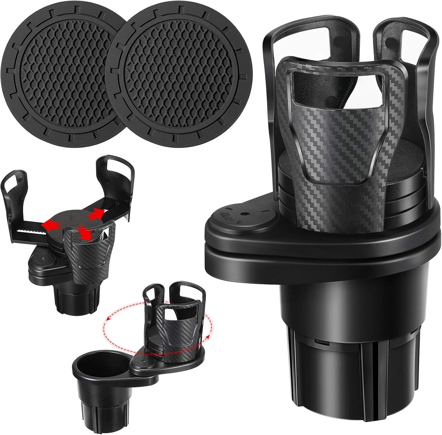 2 in 1 Multifunctional Car Cup Holder and 2 Piece Car Cup Holder Coaster, Vehicle Mounted Water Cup Drink Holder Universal Car Cup Holder Extendable Adapter with 360 Degree Rotatable Base (Black): Automotive