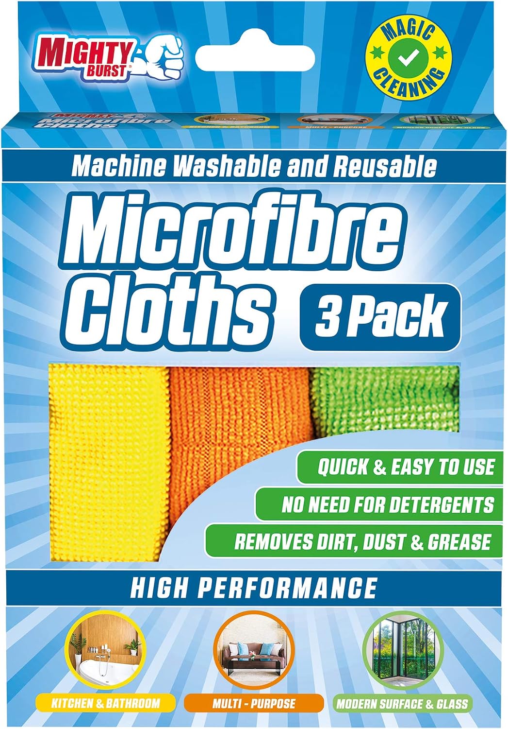 Mighty Burst Microfibre Cleaning Cloth, 3 Pack, High-Performance Cloths, Machine Washable, Multi-Purpose for Kitchen Bathroom