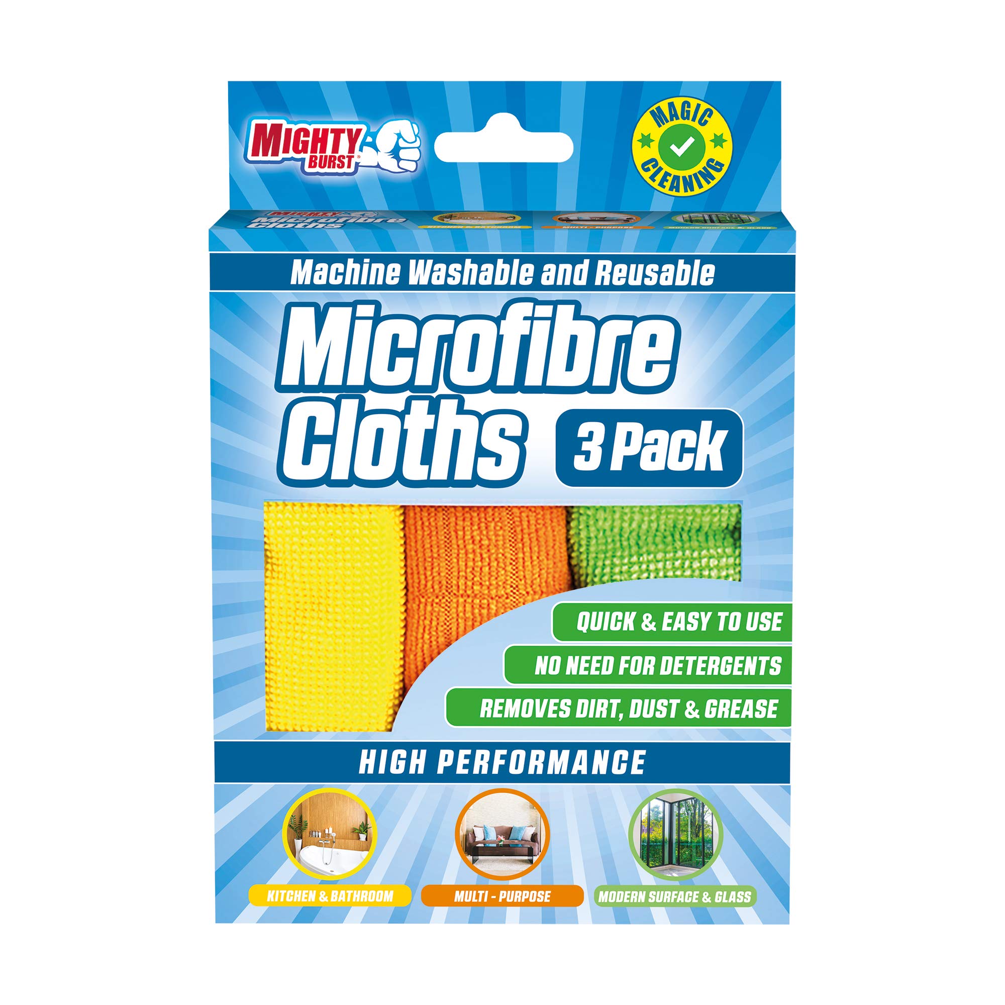 Mighty Burst Microfibre Cleaning Cloth, 3 Pack, High-Performance Cloths, Machine Washable, Multi-Purpose for Kitchen, Bathroom, Glass and Other Surfaces