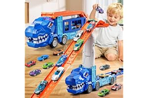 XINNOVEL Truck Toys Car Track Set for 3 4 5 6 Years Old Boys, Dinosaur Truck Transporter Car Race Track with 12 Die-Cast Racing Car Toys, Birthday Gifts for Toddlers Kids Girls Age 3 4 5 6 7 8