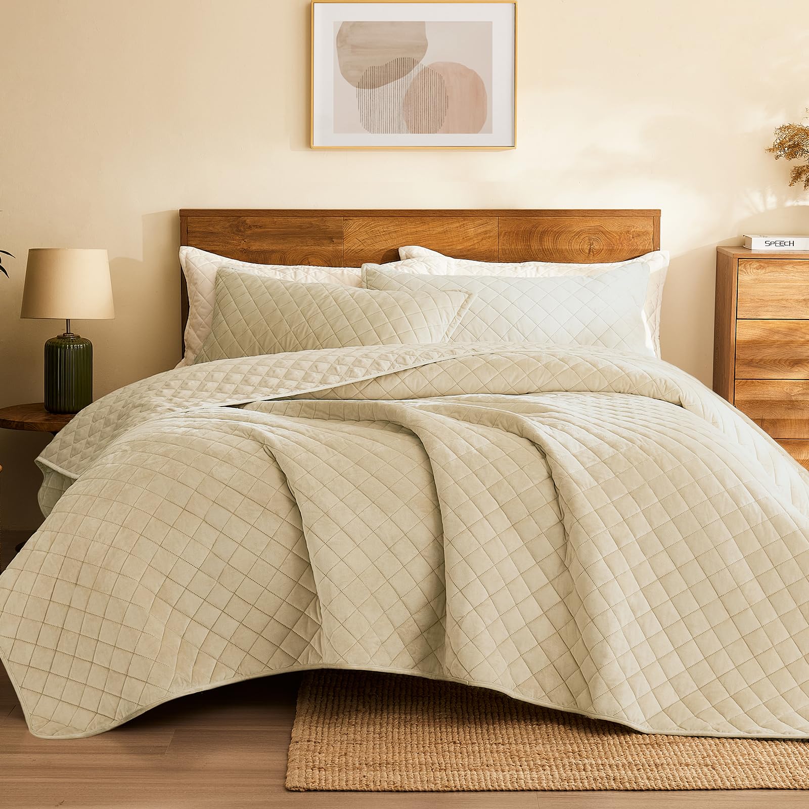 Photo 1 of L'AGRATY Velvet Quilt King Size: 3-Piece Reversible Luxury Velvet Bedding Comforter Set - Lightweight Oversized Quilted Bedspread Coverlet with 2 Pillow Sham for All Season - Light Linen Quilt