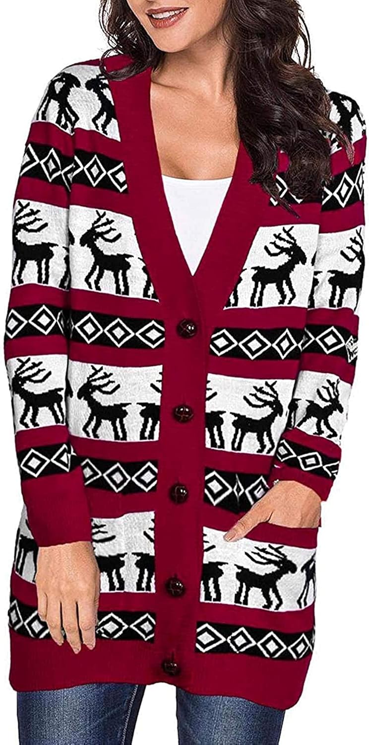 Women's Fashion Christmas Chunky Knitted Cardigan Sweater Long Sleeve
