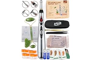EXTGUDS Acupuncture Super Set: 5-Head Electronic Acupuncture Pen + Gua Sha Tool + Ear Seeds + Retractable Acupuncture Pen + 4 x Extra Massaging Gel + Tweezers+Chart+Batteries (Acupuncture Set(with A new bag))