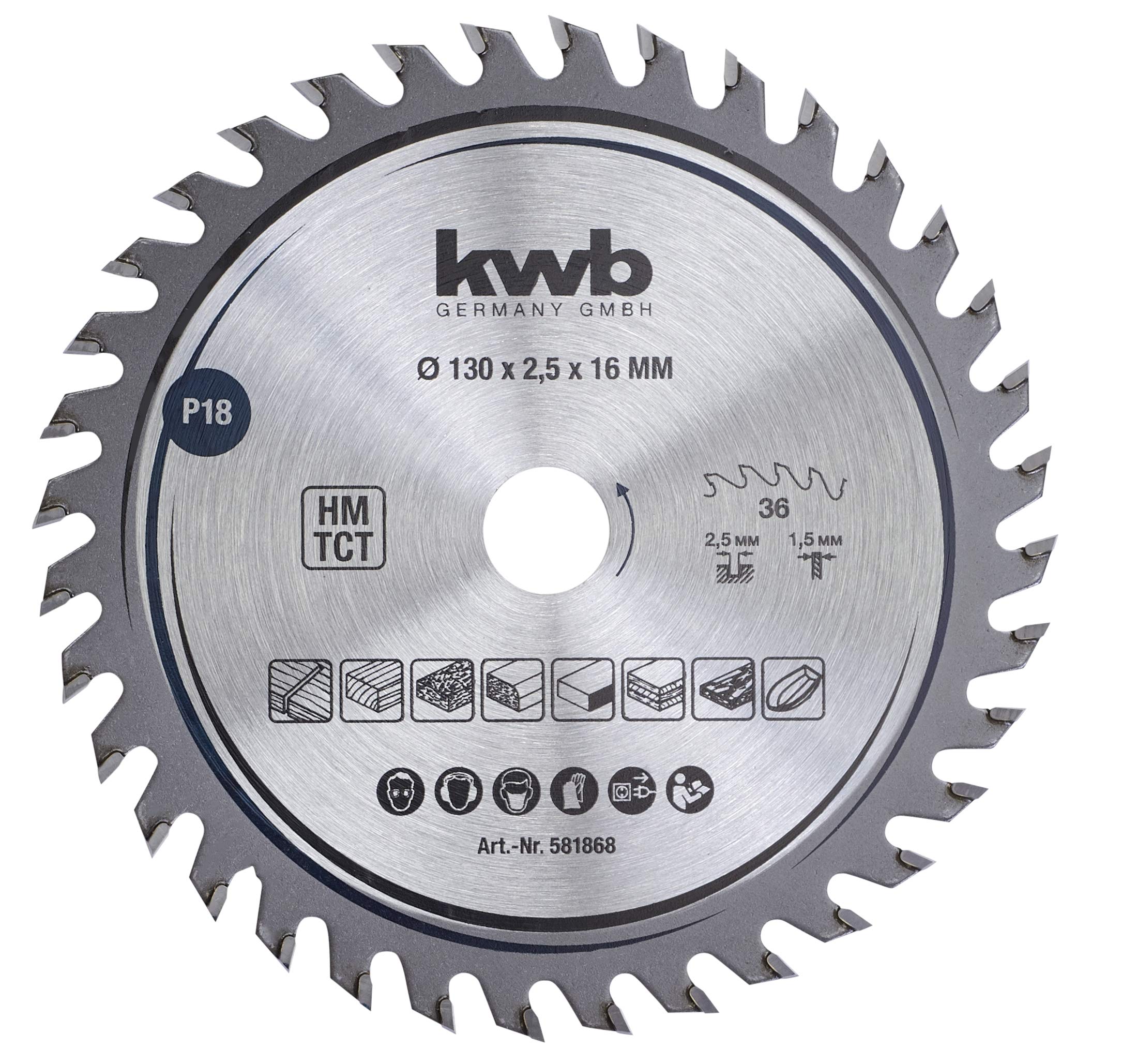 kwb 581868 Joiner's Circular Saw Blade, Wood/Hardwood, 130 x 16 mm cuts, high Number, 36 Teeth Z-36, Precision Saw Blade fine, 130 x 16
