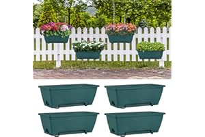 HAITRAL Railing Planter Boxes (16.9 Inch, 4 Pack) Green Plastic Deck Rail Planter for Outdoor Plants, Hanging Window Boxes Planter with Drainage Tray for Over Rail Porch Fence,Balcony & Home Decor