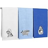 VitalCozy 3 Pcs Embroidered Shark Bathroom Hand Towels Shark Summer Decor 13.4 x 29 Inch Cotton Trendy Sea Beach Animals Bathroom Towels Decor for Funny Sea Lovers Gifts