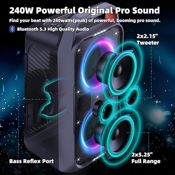 FOXDAWN PORTABLE BLUETOOTH SPEAKER: 240W PEAK POWERFUL LOUD SOUND DEEP BASS WIRELESS BOOMBOX LARGE SUBWOOFER 15 HOURS BATTERY LIFE FAST CHARGING WITH LED LIGHT SHOW FOR PARTY OUTDOOR CAMPING BACKYARD
