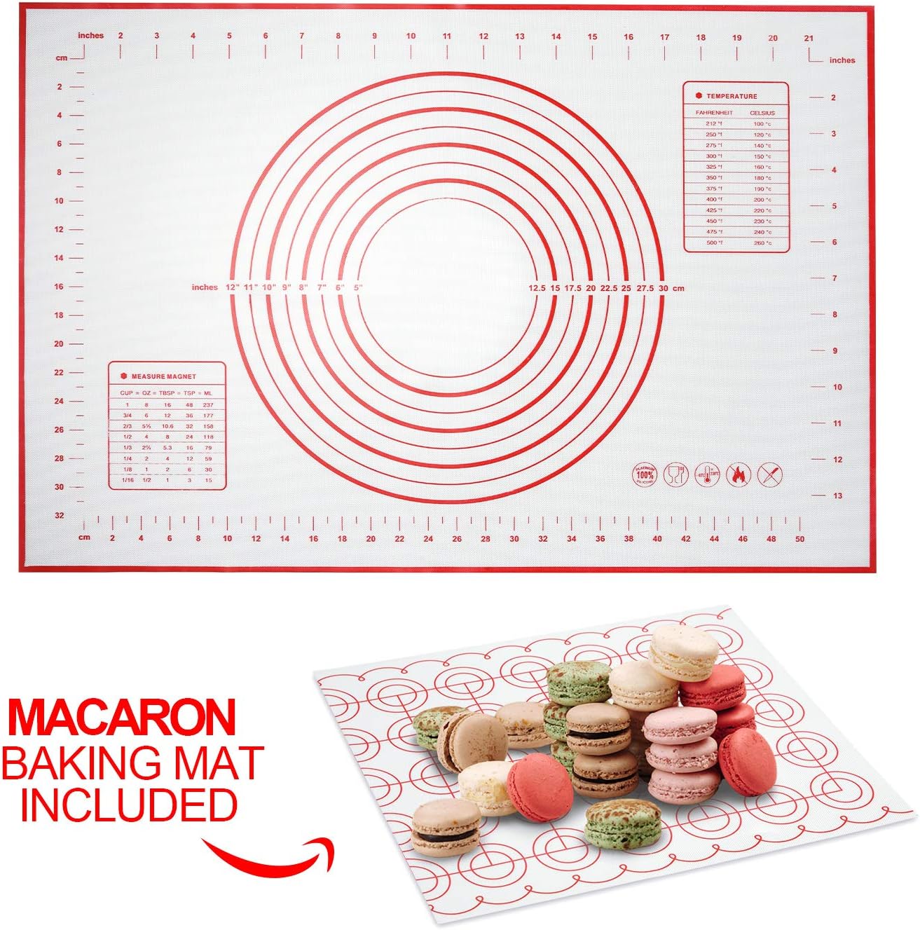 MISSALIS Silicone Pastry Mat for Rolling Dough Non Slip, Non Stick Baking Mat with Measurement for Macaron, Pie Crust, Bread and Cookies