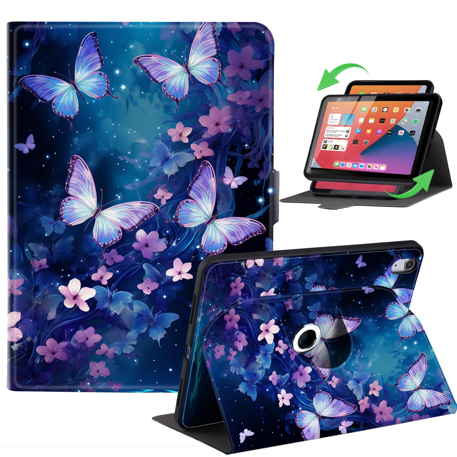 Photo 1 of Anpredo 360 Rotating Case for Apple iPad 10th Generation 10.9 Inch, iPad 10 Gen 2022 (A2696 A2757), Auto Wake/Sleep, Magnetic Clasp, Blue Butterfly