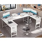 Pamray 71 Inch Large Computer Desk with Power Outlets,U Shaped Corner Desk for Home Office Work and Gaming White