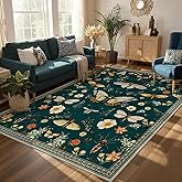 Joydeco Insect Washable 5x7 Area Rugs, Boho Floral Dark Green Rugs for Bedroom Non Slip, Ultra-Thin Soft Low-Pile Floor Indoor Throw Carpet for Dining Dorm Kids Playroom Nursery Office