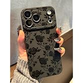 Jusnfu for iPhone 18 Pro Max/17 Pro Max Case 6.9 Inch, Aesthetic Rose Floral Goth Phone Case for Women Girls Men, Silicone Protective Phone Cover for iPhone 18/17 Pro Max, Black Flower