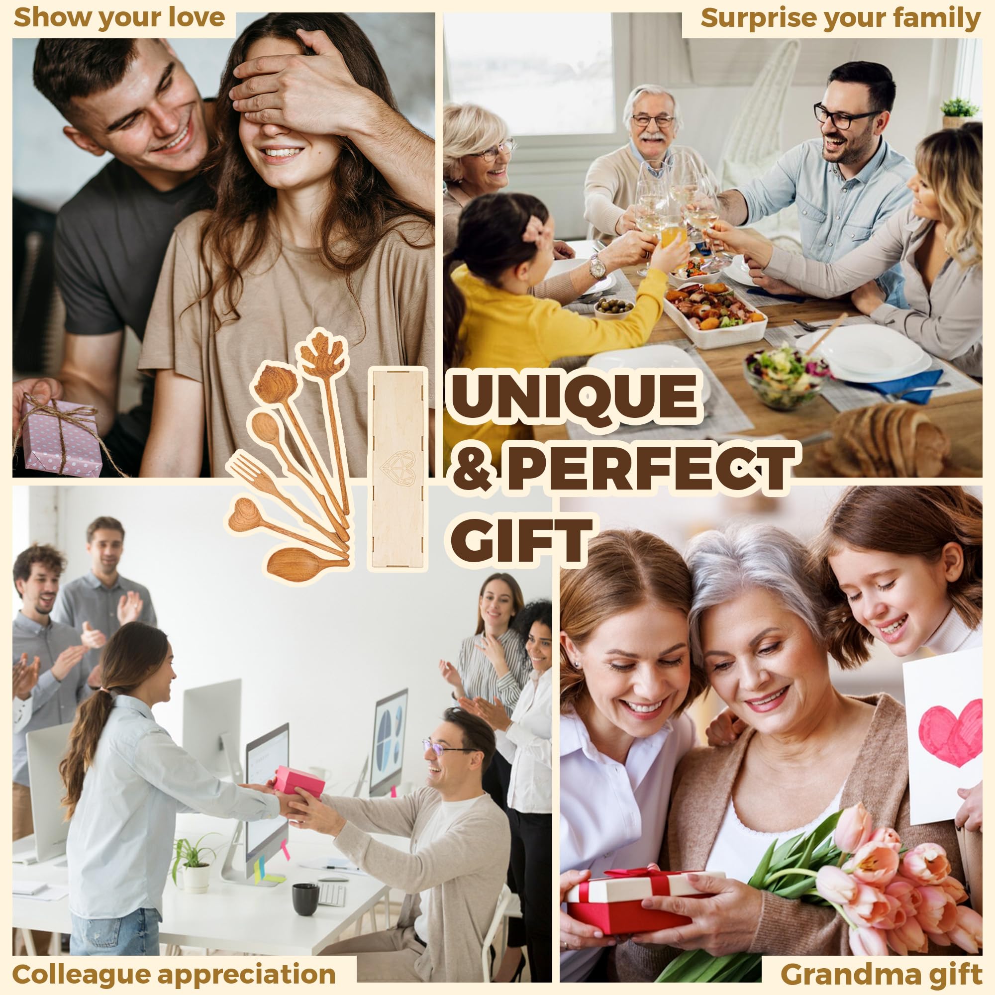 Bobby Creativity Natural Wooden Spoons and Forks Set (Set of 6), Hostess Gifts for Women, Couple, Christmas Gifts Ideas, New Year for Mom, Kitchen Cottagecore, Handmade Cooking Gift Ideas