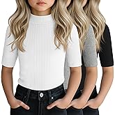LessonZoo 3 Pack Girls' Mock Turtleneck Tops Ribbed Knit Half Sleeve Shirts Slim Fit Solid Basic Tees for Kids Summer