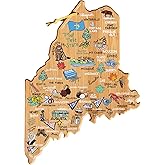 Totally Bamboo Maine State Shaped Cutting Board and Charcuterie Serving Platter with Artwork by Fish Kiss, Includes Hang Tie for Wall Display