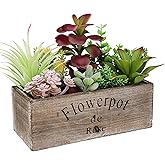 Hopewood Artificial Succulent Plants Arrangement in Wooden Planter, Fake Succulents Plants in Rustic Wood Box, Faux Succulent in Rectangular Pot, Centerpiece, Home Office Shelf Indoor Decor Plants
