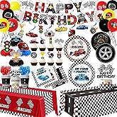 Race Car Birthday Party Decorations, All-in-1 Cars Birthday Decorations with Balloons Checkered Plates Napkins Cake Toppers Honeycombs Tablecloths and Banner Racing Decorations for Race Day, Serve 24