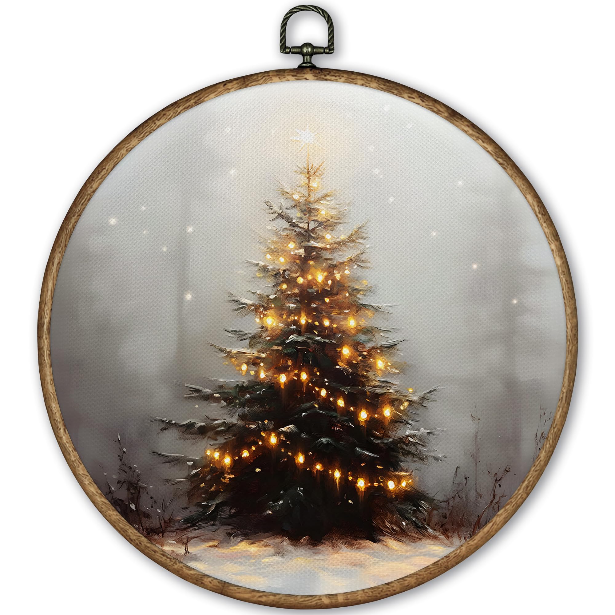 Photo 1 of ** FACTORY SEALED**TLESKE Vintage Christmas Tree Round Wall Art Decor 10x10, Winter Pine Tree Forest Framed Canvas Wall Art Prints Artwork, Rustic Farmhouse Wall Hanging Room Door Decor for Bedroom Living Room