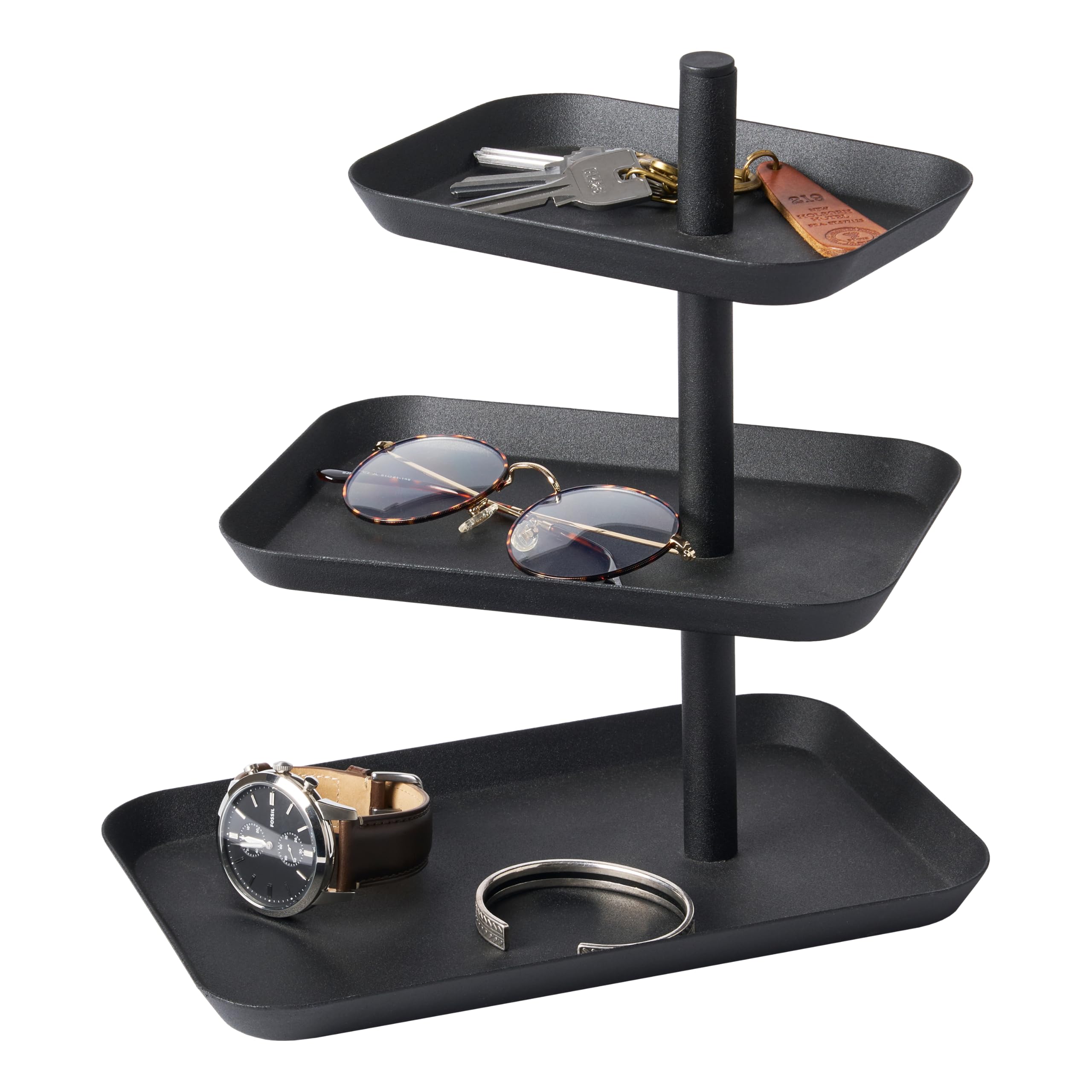 YAMAZAKI Home Accessory Tray 3 Tier Jewelry Holder and Storage Organizer Steel, Alloy, Black, 9.7" x 9.2" x 10.1"