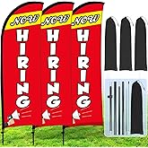 Buryeah 3 Set Now Hiring Feather Flag Kit 7 x 5.4 ft Now Hiring Advertising Banner Feather Flag with Pole Ground Spike and Portable Bag Now Hiring Sign for Estate Flags Business Promotion (Red)