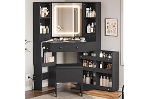 BTHFST Corner Vanity Desk with Lighted Mirror, Makeup Vanity with Lights and Charging Station, Vanity Set with Mirror and Storage Stool, Makeup Table with Drawers, Rotating Shelves, Black