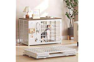 YATINEY Foldable Dog Crate Furniture, Dog Crate with DIY Frame, Heavy Duty Dog Kennel Indoor with Hooks, Wooden Dog Cage End Table, for Small/Medium Dogs, White and Walnut DC95WH