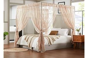 Warm Home Designs Lace Canopy Bed Curtains Set Consists of 8 48" x 78" Linen Canopy Curtains with Tie-Backs. Queen Canopy Bed Curtains or King Bed Canopy Curtains for Coquette Bedroom Decor. LC Linen