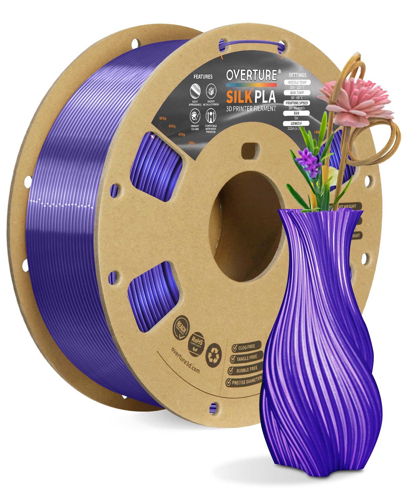 OVERTURE Silk PLA Filament 1.75mm, Clog-Free