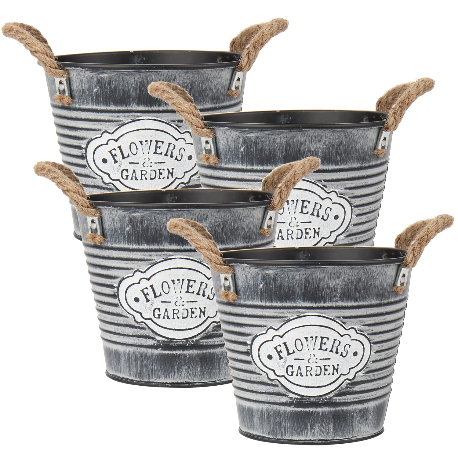 Oairse 4PCS Plant Pots Outdoor Galvanised Planter Zinc Plant Pot Garden Planters Metal Plant Pots Vintage Round Bucket Flower Pot Rustic Container for Plant or Decorative Home Modern Farmhouse Indoor