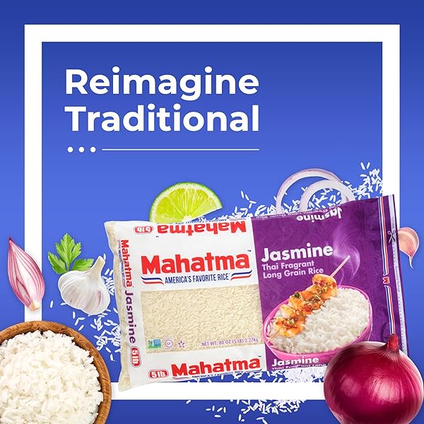 MAHATMA JASMINE RICE, 80-OUNCE BAG OF RICE, THAI, INDIAN, OR CAMBODIAN FRAGRANT FLAVORED RICE, STOVETOP OR MICROWAVE
