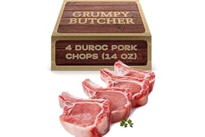 DEN'S HOT DOGS Grumpy Butcher Premium Pork Chops – Heritage Duroc Bone-In Pork Loin Chops (4 Pack, 14 oz each, 3.5 lb) – Frozen Gourmet Pork Chop Meat | Vacuum-Sealed & Grill Ready for Holiday, BBQ & Dinner Gifts