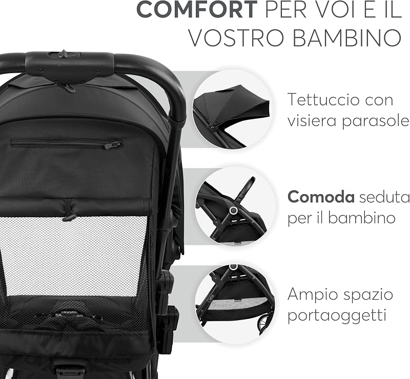 KikkaBoo Passeggino Leggero fino a 22 kg CIELA, Piegatura Automatica, Schienale Reclinabile, da Viaggio, Misura Bagaglio a Mano, Nero