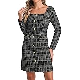 Allegra K Tweed Dress for Women Long Sleeves Square Neck Elegant Dresses with Pockets
