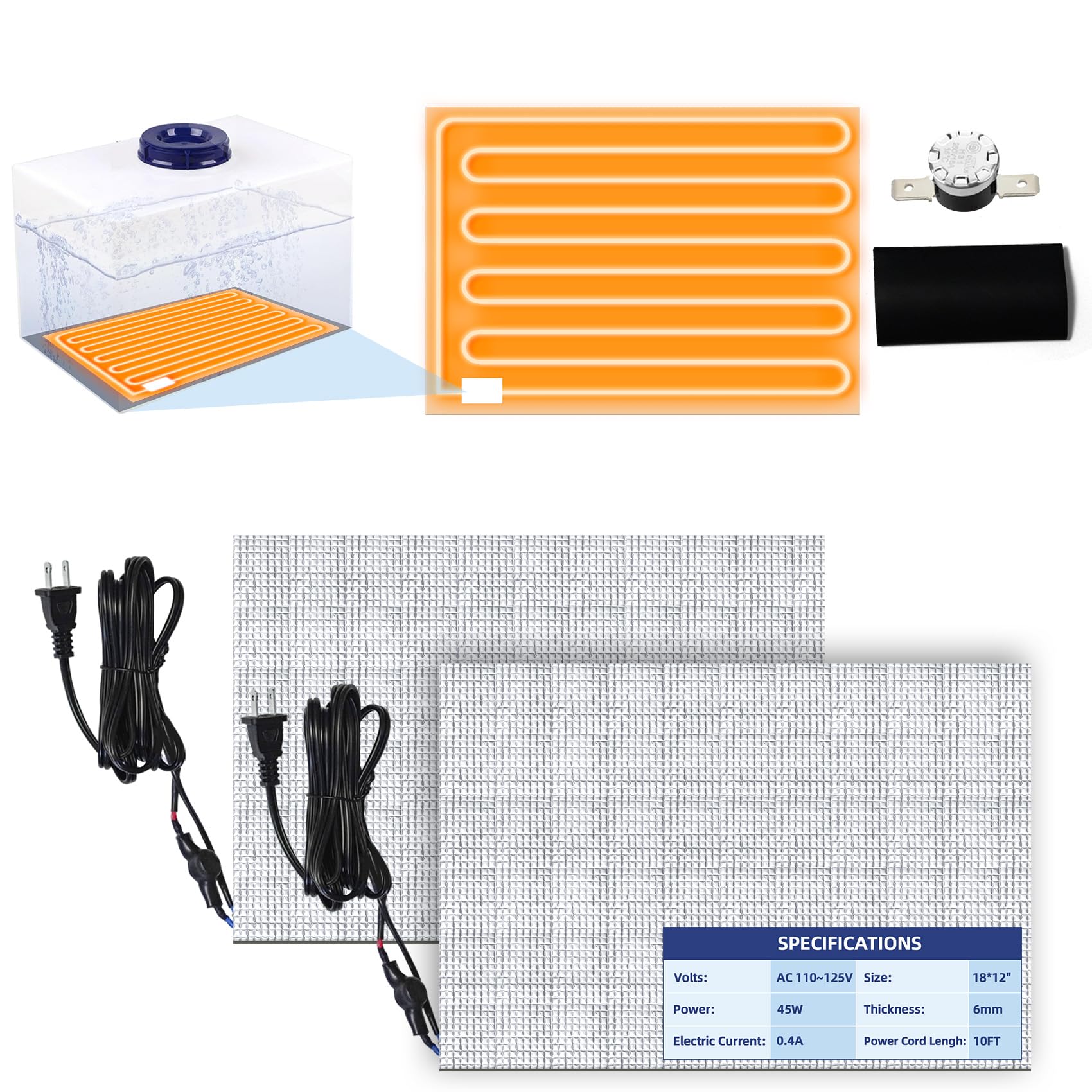 Photo 1 of 120V RV Water Tank Heating Pad with Thermostat 18"x12" RV Holding Tank Heater Pad with Plug Fits Up to 50 Gallons Fresh, Grey, Black Water Tank, for Camper, Trailer, Motorhome, Marine, Winterizing, 2P