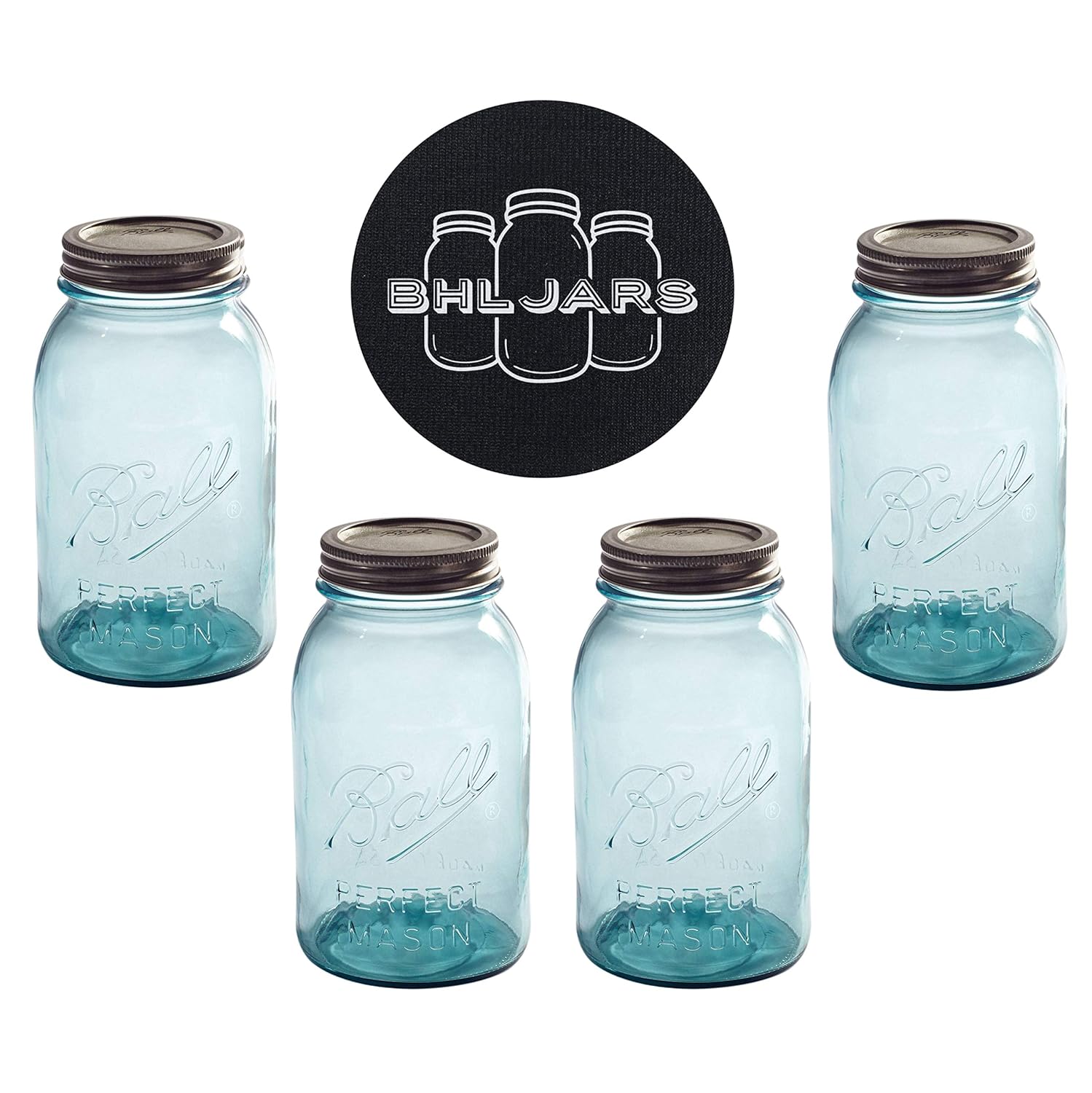 Ball Mason Jars 32 oz Regular Mouth Aqua Vintage Colored Glass Bundle with Non Slip Jar Opener- Set of 4 Quart Size Mason Jars - Canning Glass Jars with Lids
