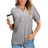 BLENCOT Womens V Neck Button Down Henley Tunic Tops Waffle Knit Short Sleeve Shirts Dressy Casual Business Work Blouses