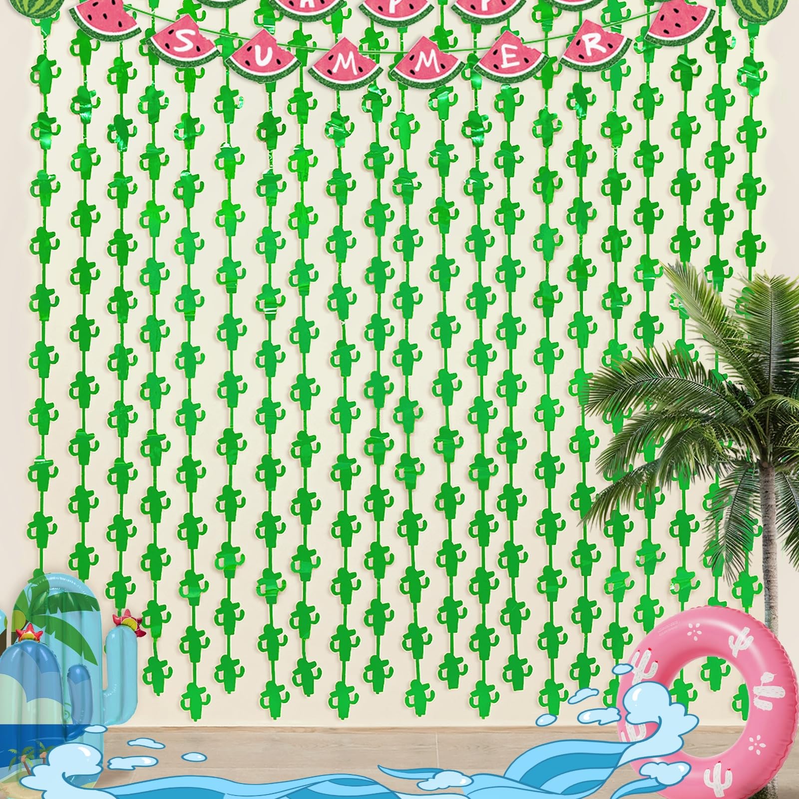 Photo 1 of Mega-L Fiesta Party Decorations 2 Pack Summer Mexican Cactus Decor 3.3x6.6ft each, Luau Foil Fringe Curtains Green Streamers Photo Booth for Tropical Pool Aloha Mexican Taco Birthday Party decorations