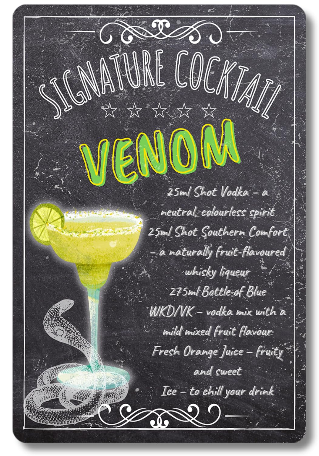 BAR SIGNS Classic Signature Cocktail Recipes Posters, Chalkboard Wall Art 20cm X 30cm for Home Decor, Pub, Tiki Bar, Kitchen, Restaurant (Venom)