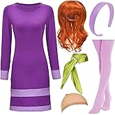 HMPRT Halloween Deluxe Adult Costume for Women,Purple Mini DressWigs,Scarf Headband,Thigh High Socks and Wig Cap