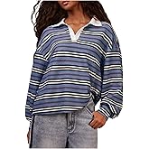 MakeMeChic Women's Striped Tee Shirts Button Up Collared Long Sleeve Preppy Rugby Shirt Tops