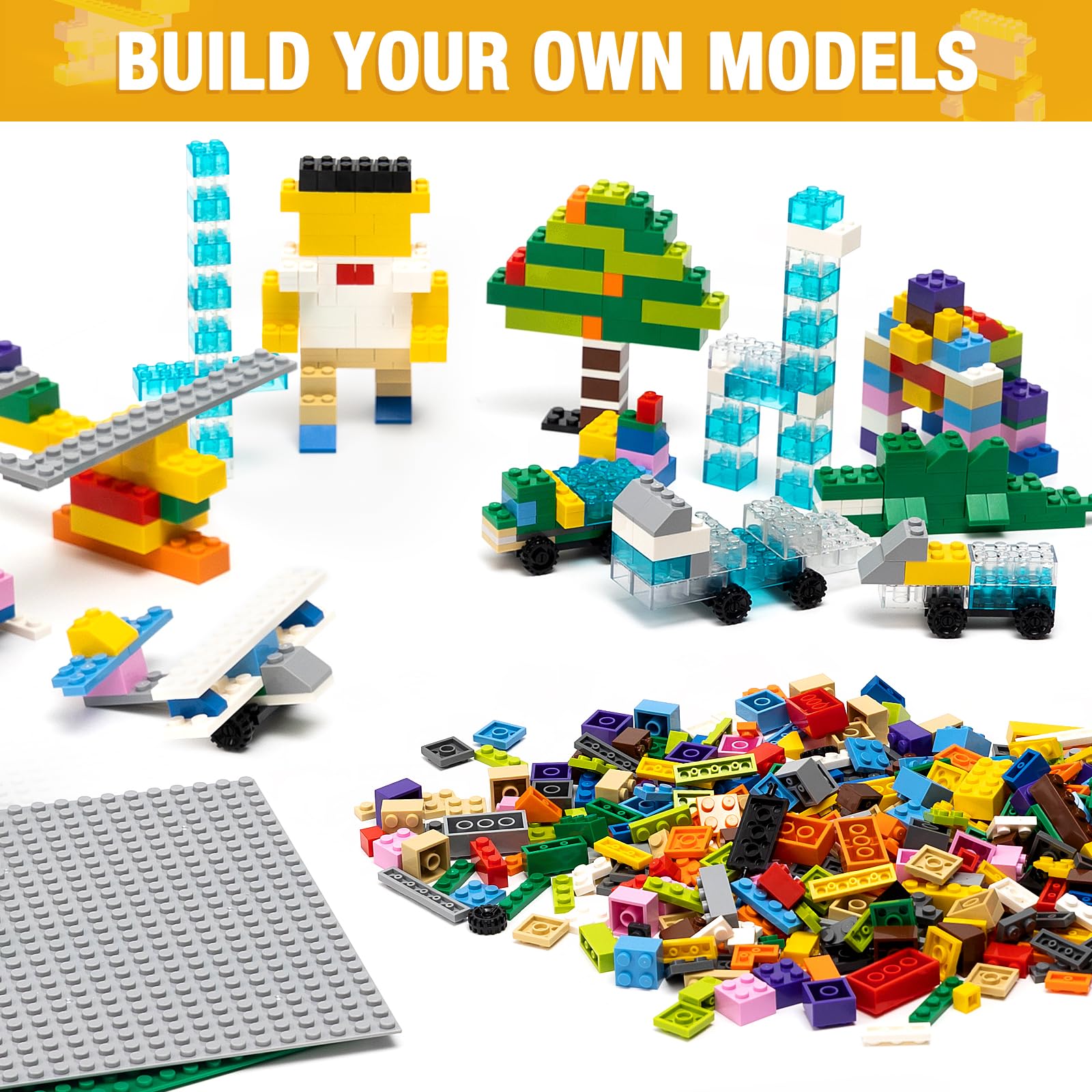 1600 Pieces Building Bricks, Building Bulk Block with 2 Packs 24x24 Studs Sticky Plate and 46PCS Wheel Accessory - Compatible with All Major Bricks, Gfits for Kid - 18 Shape/16 Color