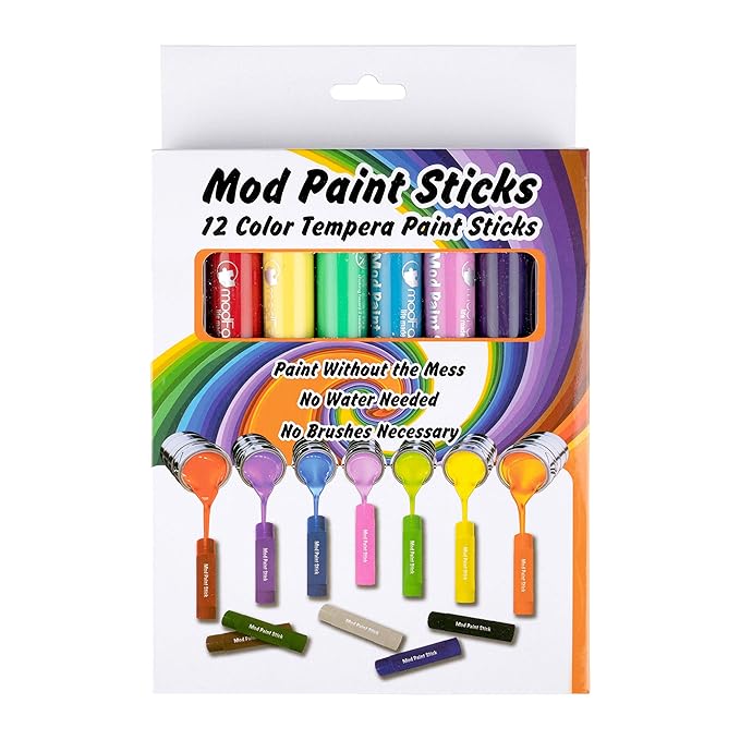 Mod Paint Sticks - Washable Solid Tempera Paint Markers - Non-Toxic, Quick Drying, and No Mess Paint Sticks - Color Art Supplies Set for Kids and Families - (12 Pack) - ModFamily