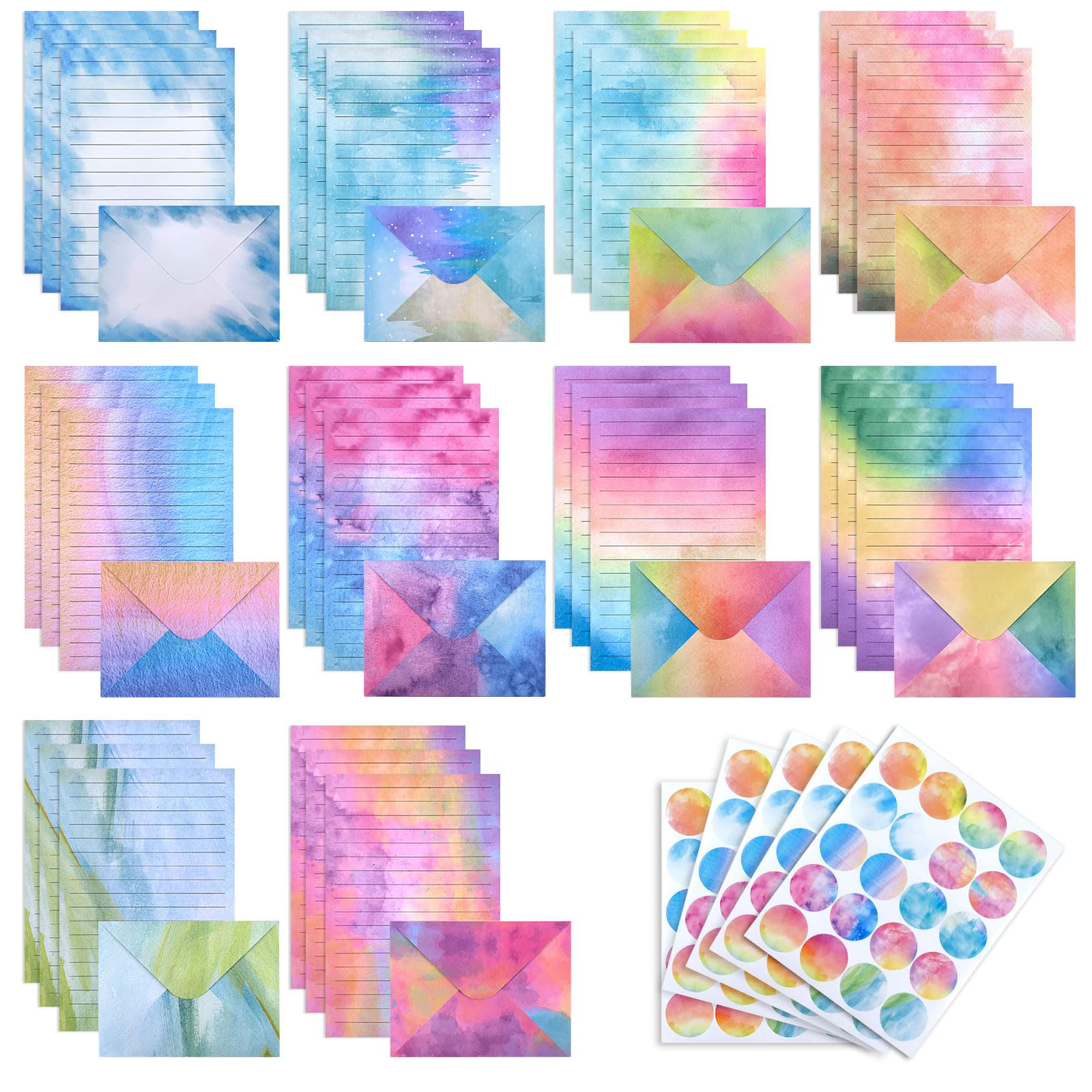 Rustark 200pcs Watercolor Stationery Paper & Envelopes Set with Stickers, Double-Sided Lined Paper Sheets, Assorted Watercolor Designs, Perfect for Writing Letters, Invitations & Gifts