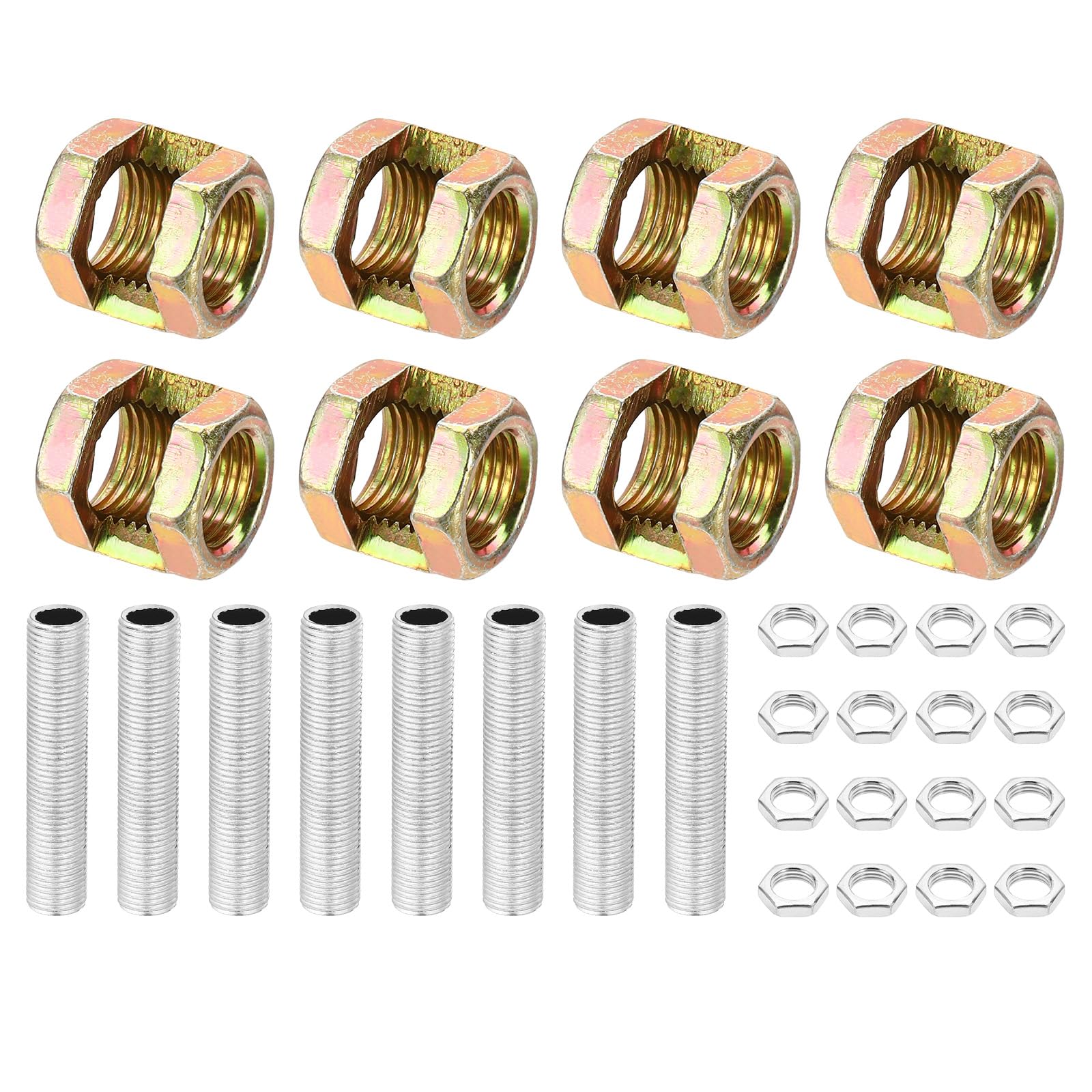 PATIKIL M10 Fine Thread Lamp Pipe Repair Kits, 32 Pcs M10×15 Metal Hexagon Open Coupling Nut with Threaded Pipe and Hex Nut for Lights Extension Rod
