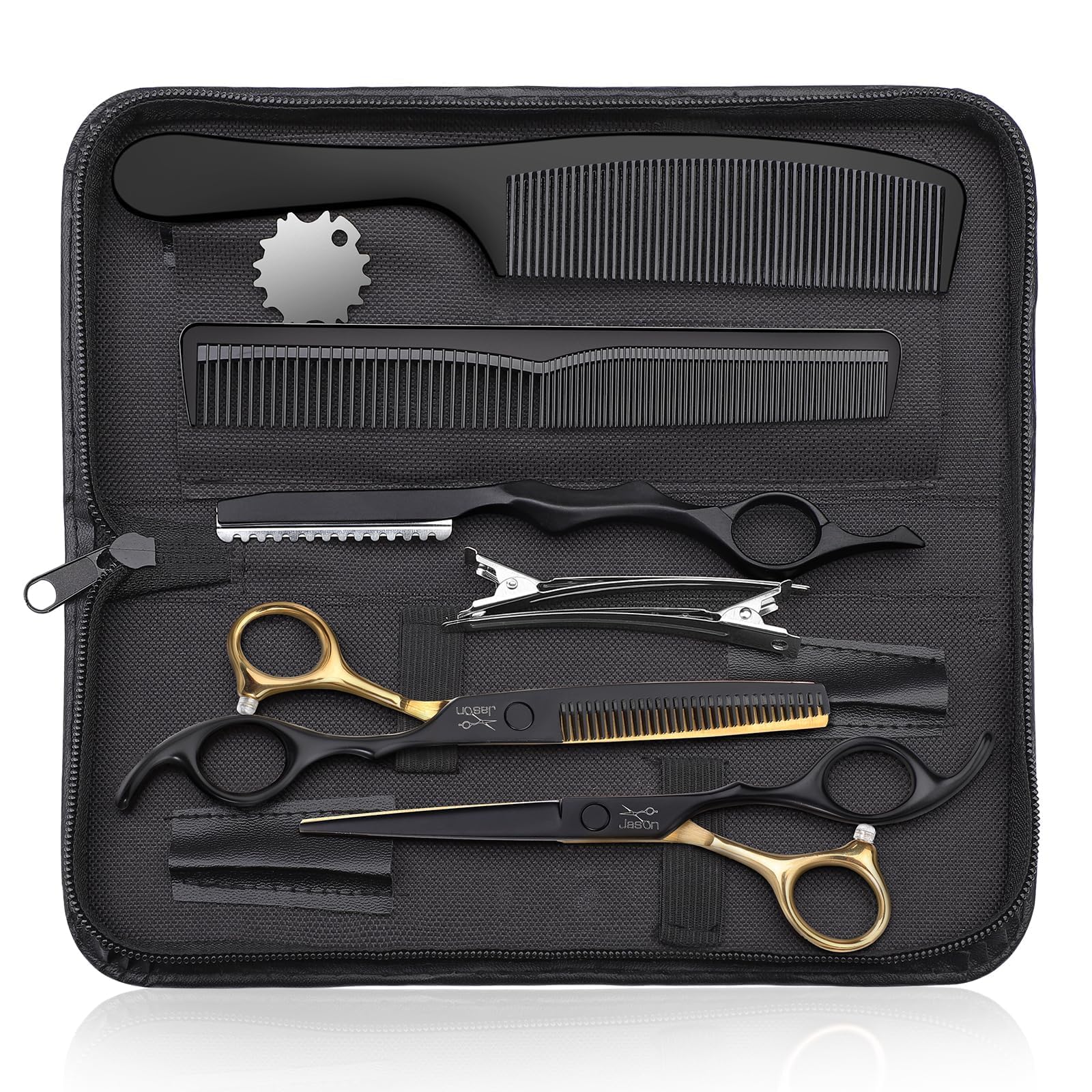 JASON Hairdressing Scissors Set Professional - Hair Scissors Set (Hair Cutting Scissors&Thinning Scissors) 6.5" Hair Scissors Hairdressing Scissors for Hairdresser/Beginner Hairdresser Set, Black Gold