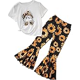WDIRARA Girl's 2 Piece Outfit Floral Print Graphic Short Sleeve Tee Figure Graphic and Bell Bottom Flare Leg Pants Set