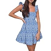 AIMCOO Women's Ruffle Sleeve Summer Sundress Cute Tiered Mini Babydoll Dress A-Line Flowy Short Swing Dresses with Pockets