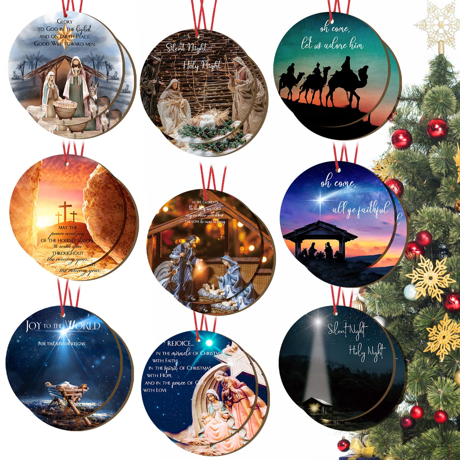 Photo 1 of 18 Pcs Nativity Scene Christmas Ornament - Wooden Jesus 3.15 Inch Holy Night The Birth of Jesus - Religious Christian Keepsake Gift for Christmas Tree Decor