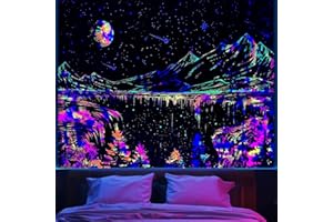 Apdidl Blacklight Mountains Tapestry for Bedroom Aesthetic Space Moon and Stars Starry Night Wall Tapastries Nature Forest Black and White Landscape Backdrop for Living Room Ceiling Decor(60" X 79")